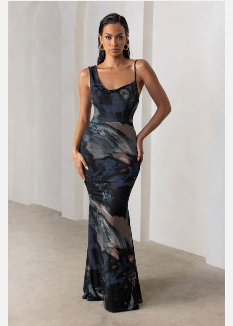 Club L London Phantasy Black Abstract Print Asymmetric Neckline Cowl Maxi Dress